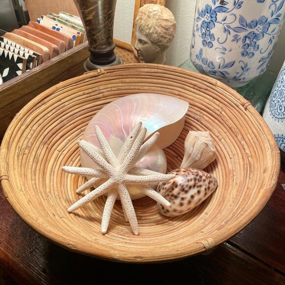 Vintage Round Pencil Reed Basket Handwoven Coiled Rattan Basket 12